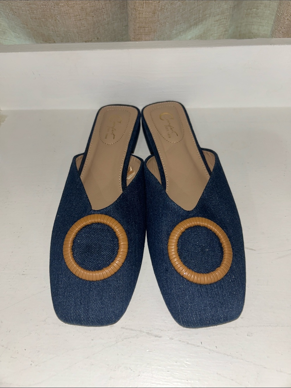 Denim Slide Mules with Tan Ring Detail - Women Shoes